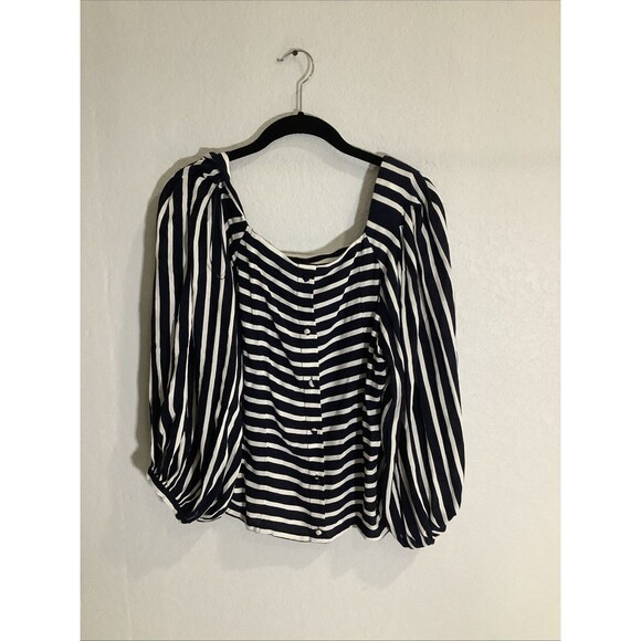 Banana Republic Blouse Women  SZ L Navy White Stripe Balloon Sleeve Top  NWT - Picture 8 of 8